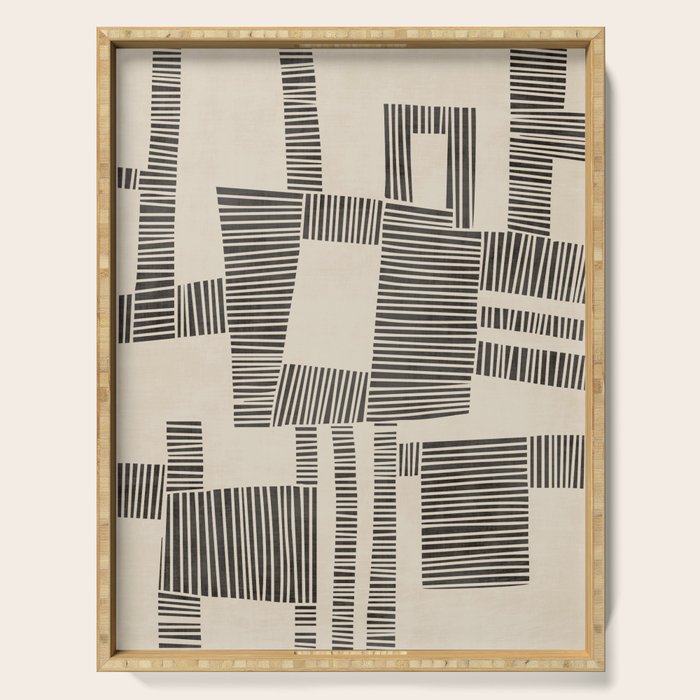 Abstract Digital Linocut Beige Black Art Serving Tray Gallery Image 1