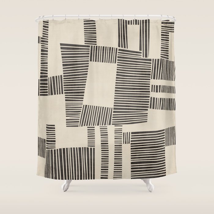Abstract Digital Linocut Beige Black Art Shower Curtain Gallery Image 1