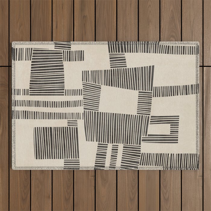 Abstract Digital Linocut Beige Black Art Outdoor Rug Gallery Image 1