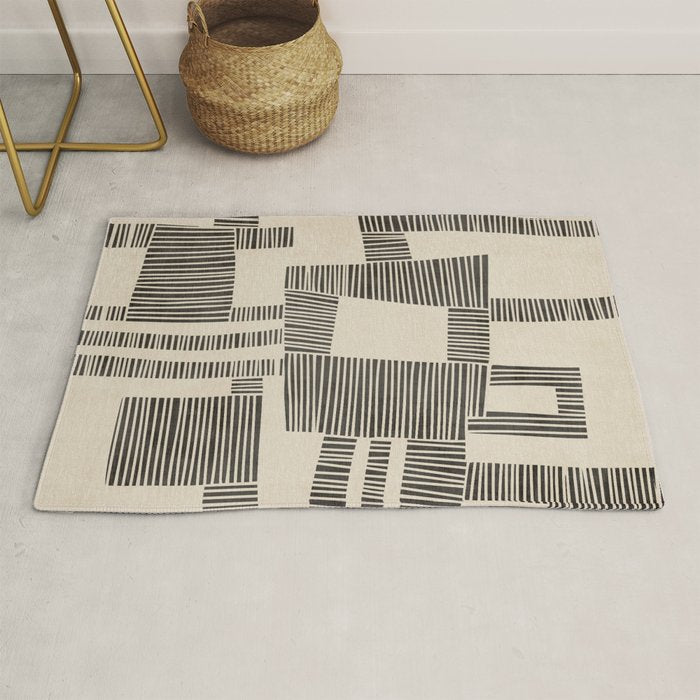 Abstract Digital Linocut Beige Black Art Rug Gallery Image 1