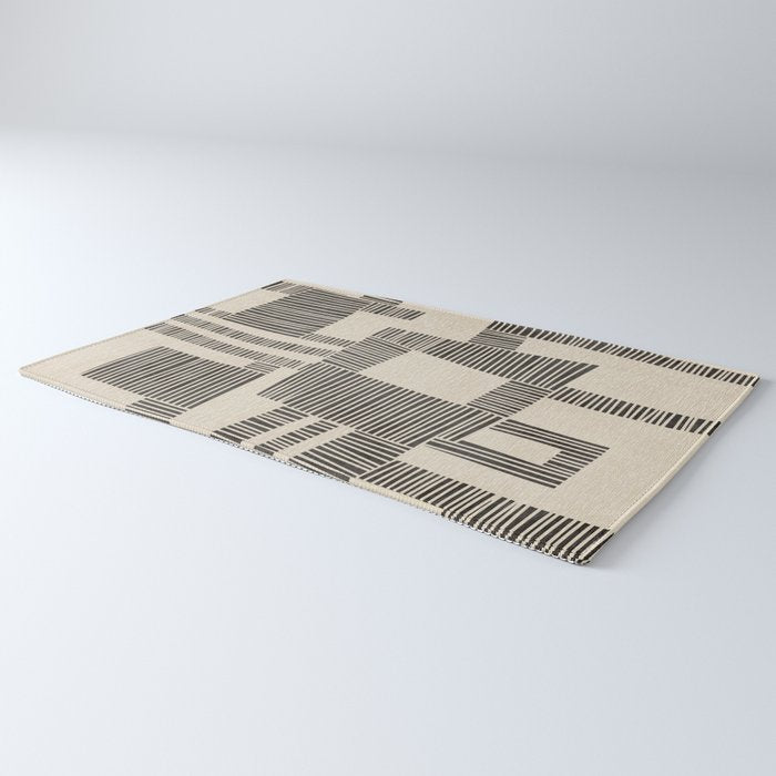 Abstract Digital Linocut Beige Black Art Rug Gallery Image 3