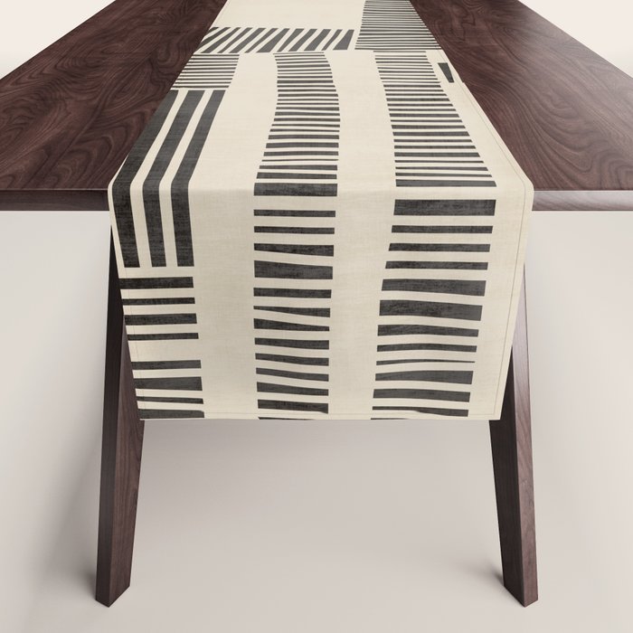Abstract Digital Linocut Beige Black Art Table Runner Gallery Image 1