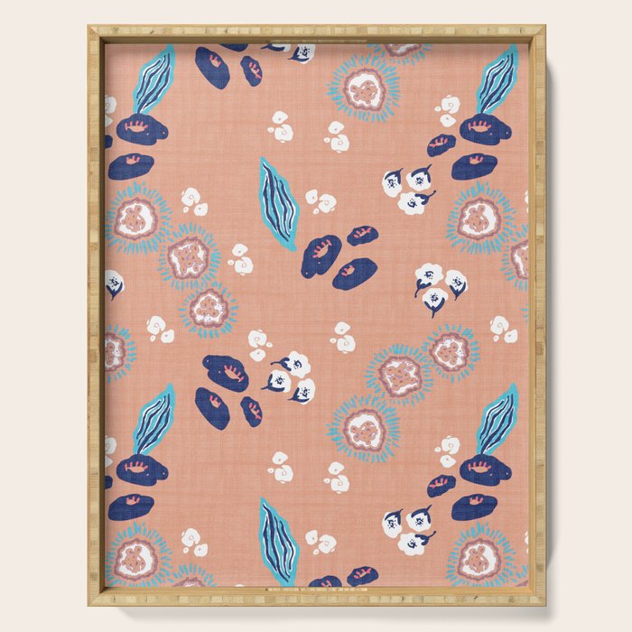Romantic Abstract Flowers Blue and Muted Pink Serving Tray Gallery Image 1