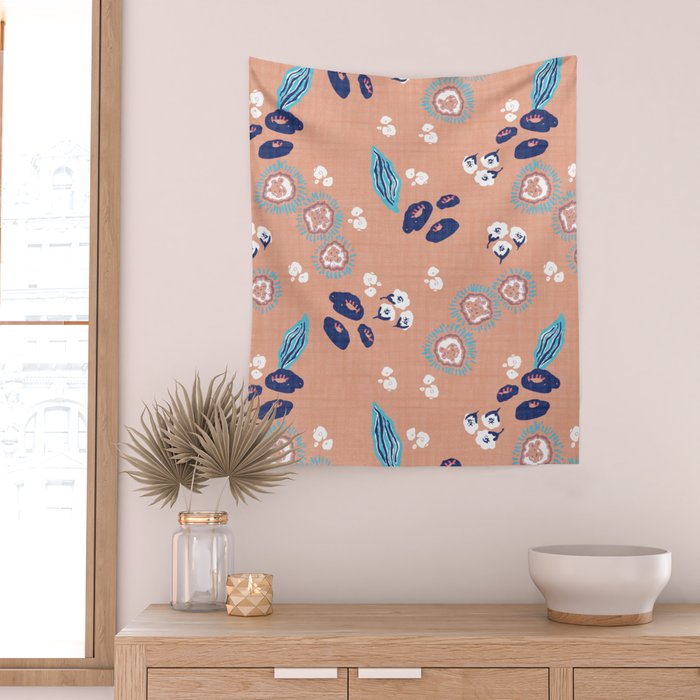 Romantic Abstract Flowers Blue and Muted Pink Wall Tapestry Gallery Image 2