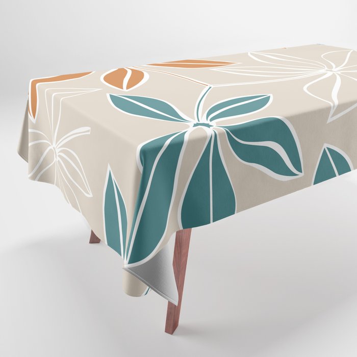 Modern, Minimal, Floral, Orange and Teal Tablecloth Gallery Image 1