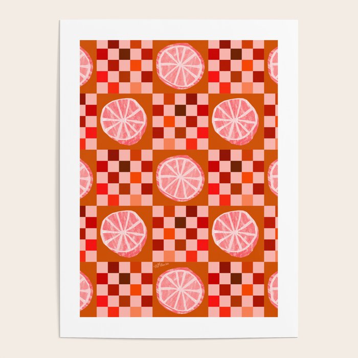 Checkered Sliced Citrus Fruit in Red & Peach Pink Poster Gallery Image 4