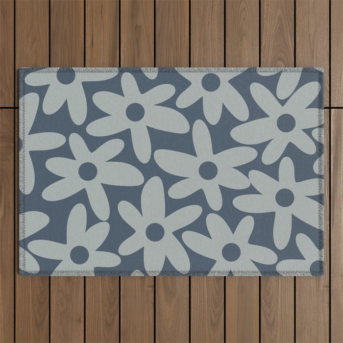 Daisy Time Retro Floral Pattern Neutral Blue Gray  Outdoor Rug Gallery Image 1