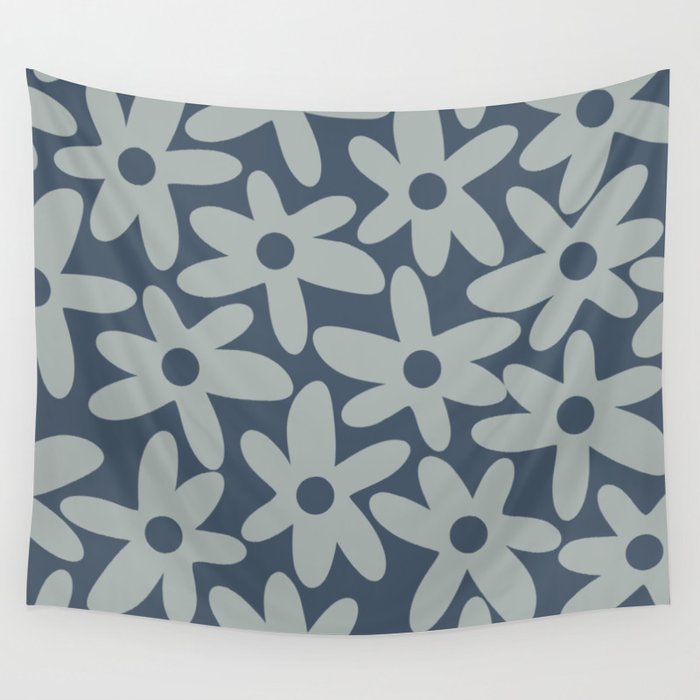 Daisy Time Retro Floral Pattern Neutral Blue Gray  Wall Tapestry Gallery Image 4
