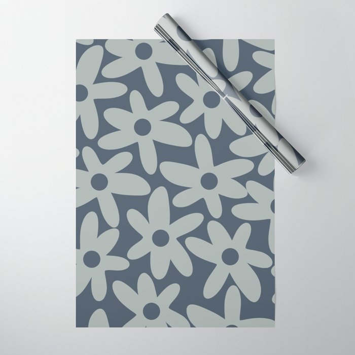 Daisy Time Retro Floral Pattern Neutral Blue Gray  Wrapping Paper Gallery Image 1