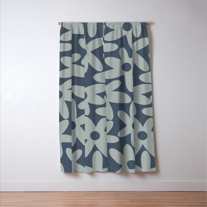 Daisy Time Retro Floral Pattern Neutral Blue Gray  Window Curtain Gallery Image 3