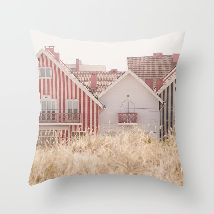 Beach Houses - red and blue stripped coastal house - travel photography Throw Pillow Gallery Image 6
