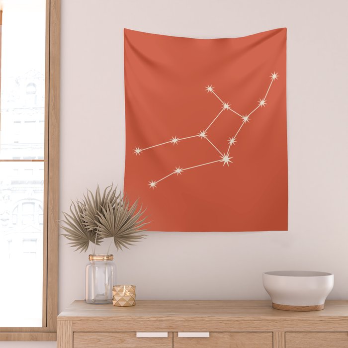 Virgo Zodiac Star Constellation Line Art Coral Red Wall Tapestry Gallery Image 2