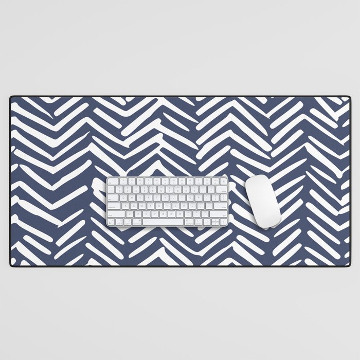 Boho Herringbone Pattern, Navy Blue and White Desk Mat Gallery Image 1