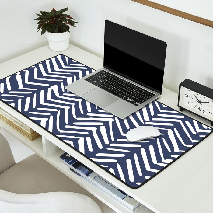 Boho Herringbone Pattern, Navy Blue and White Desk Mat Gallery Image 2