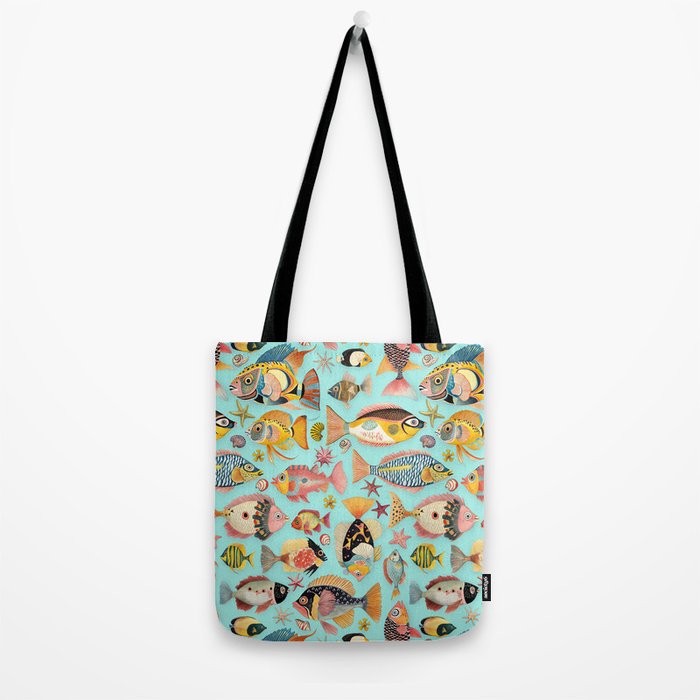 Whimsical Underwater World Multicolor Fish Pattern Turquoise Tote Bag Gallery Image 2