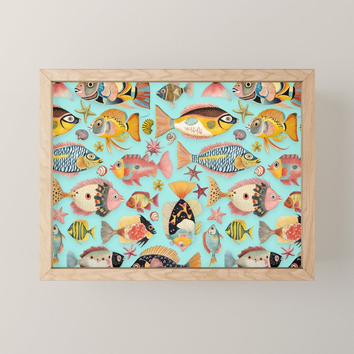 Whimsical Underwater World Multicolor Fish Pattern Turquoise Mini Art Print Gallery Image 1