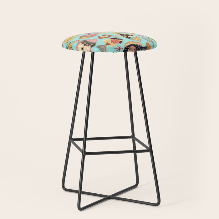 Whimsical Underwater World Multicolor Fish Pattern Turquoise Stool Gallery Image 1