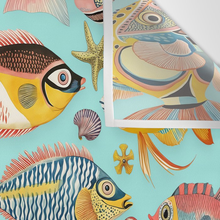 Whimsical Underwater World Multicolor Fish Pattern Turquoise Wall Tapestry Gallery Image 3