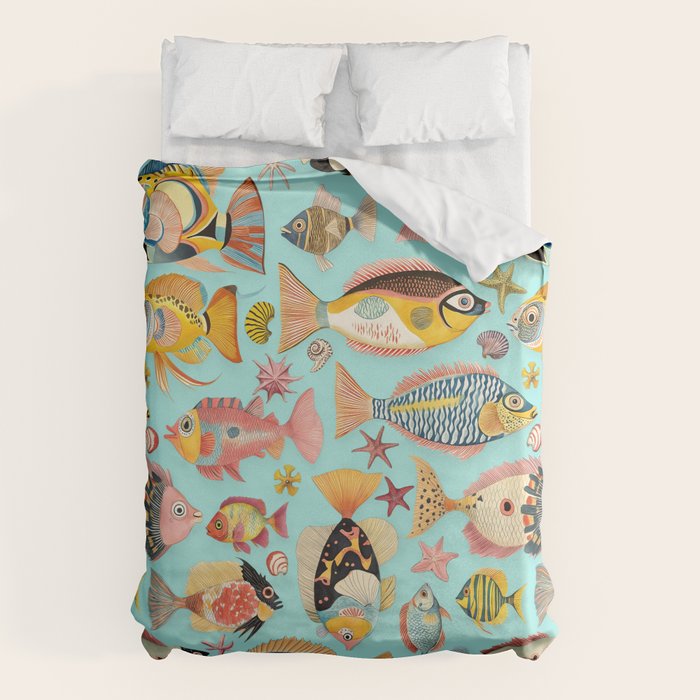 Whimsical Underwater World Multicolor Fish Pattern Turquoise Duvet Cover Gallery Image 1