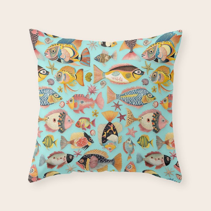 Whimsical Underwater World Multicolor Fish Pattern Turquoise Throw Pillow Gallery Image 6