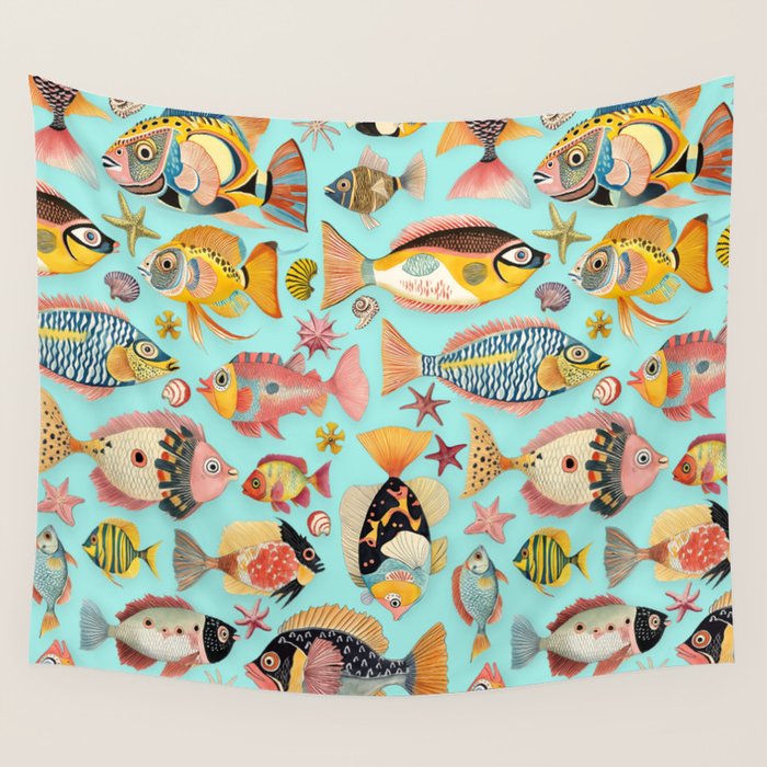 Whimsical Underwater World Multicolor Fish Pattern Turquoise Wall Tapestry Gallery Image 4