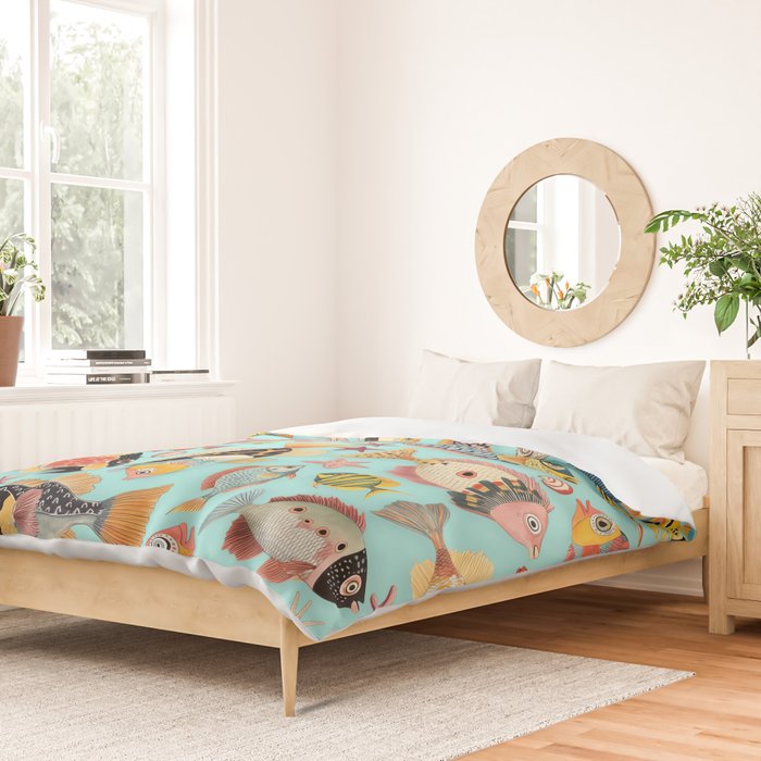Whimsical Underwater World Multicolor Fish Pattern Turquoise Duvet Cover Gallery Image 2