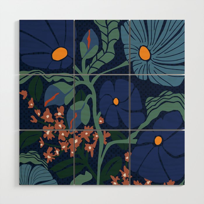 Klimt flower dark blue Wood Wall Art Gallery Image 1