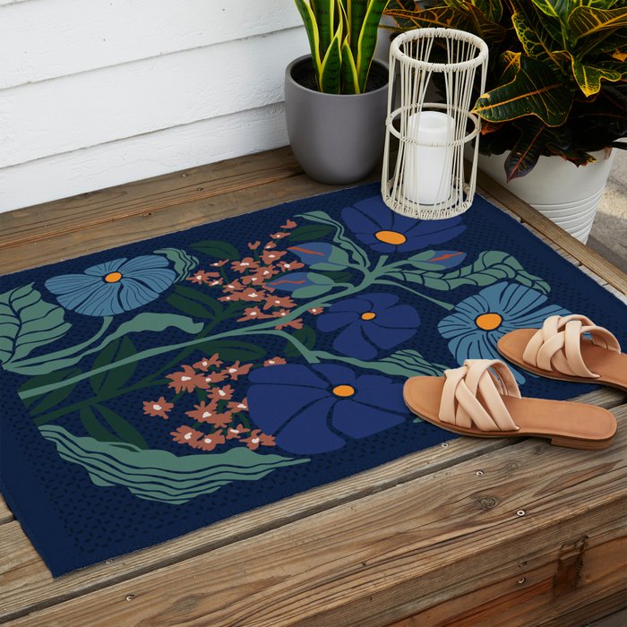 Klimt flower dark blue Outdoor Rug Gallery Image 2