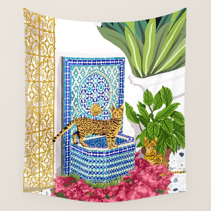 Royal Bengal Cats | Palace Pets & Architecture Building | Exotic Travel Urban Jungle Terrazzo Tiles Wall Tapestry Gallery Image 1