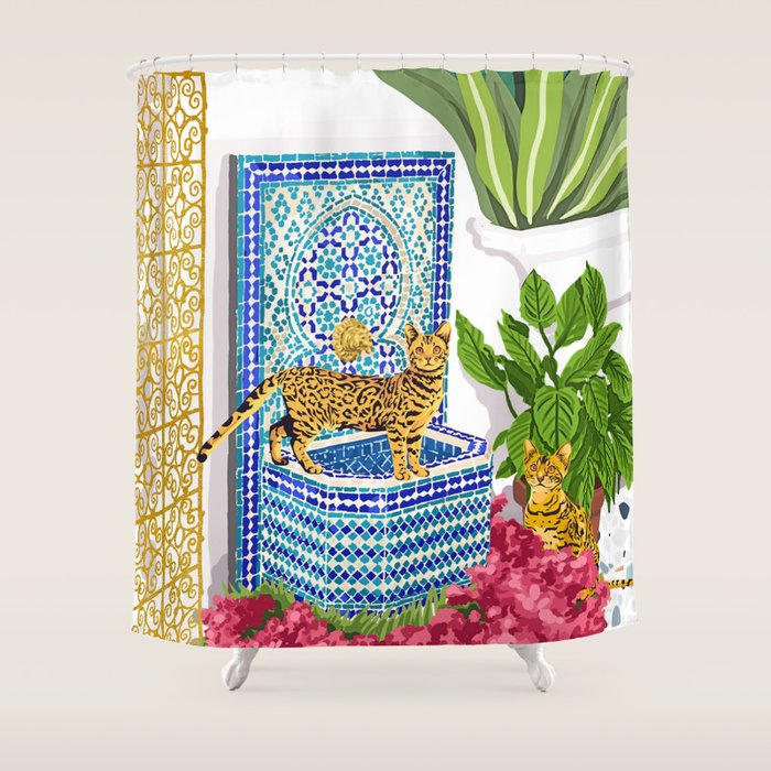 Royal Bengal Cats | Palace Pets & Architecture Building | Exotic Travel Urban Jungle Terrazzo Tiles Shower Curtain Gallery Image 1