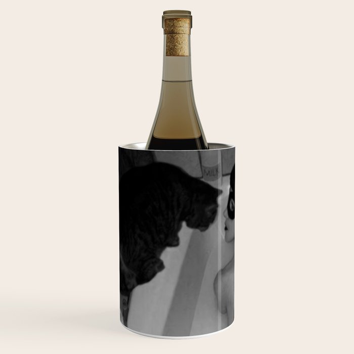 A girl and her cat lapping it up in milk; apartment bathtub nude portrait black and white photograph - photography - photographs Wine Chiller Gallery Image 2