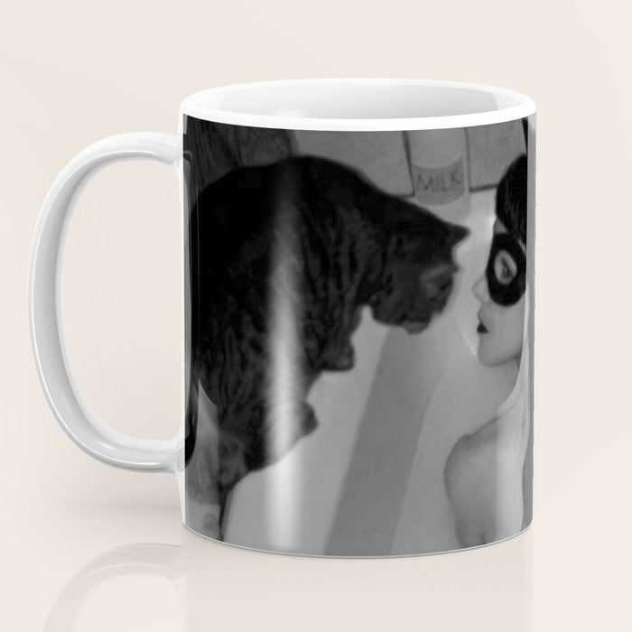 A girl and her cat lapping it up in milk; apartment bathtub nude portrait black and white photograph - photography - photographs Coffee Mug Gallery Image 3