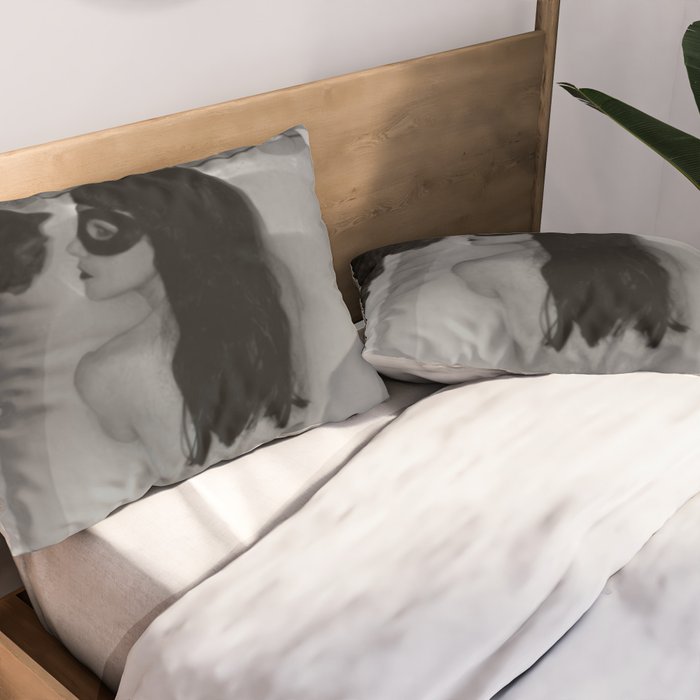 A girl and her cat lapping it up in milk; apartment bathtub nude portrait black and white photograph - photography - photographs Pillow Sham Gallery Image 2
