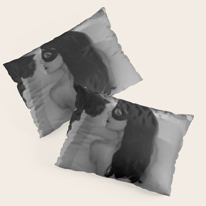 A girl and her cat lapping it up in milk; apartment bathtub nude portrait black and white photograph - photography - photographs Pillow Sham Gallery Image 3