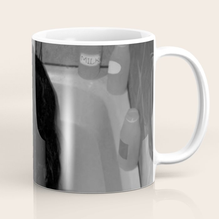 A girl and her cat lapping it up in milk; apartment bathtub nude portrait black and white photograph - photography - photographs Coffee Mug Gallery Image 1