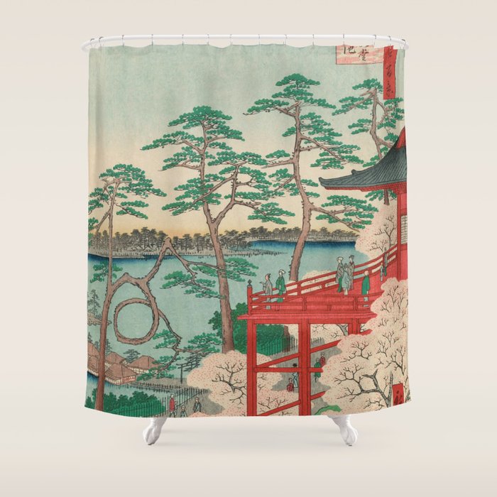 Spring Blossoms and Pond Ukiyo-e Japanese Art Shower Curtain Gallery Image 1