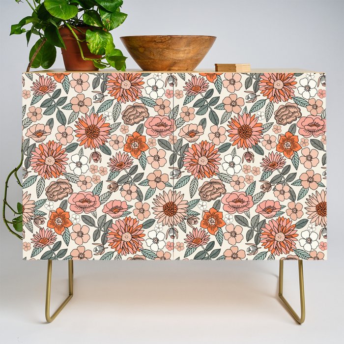 70s flowers - 70s, retro, spring, floral, florals, floral pattern, retro flowers, boho, hippie, earthy, muted Credenza Gallery Image 1