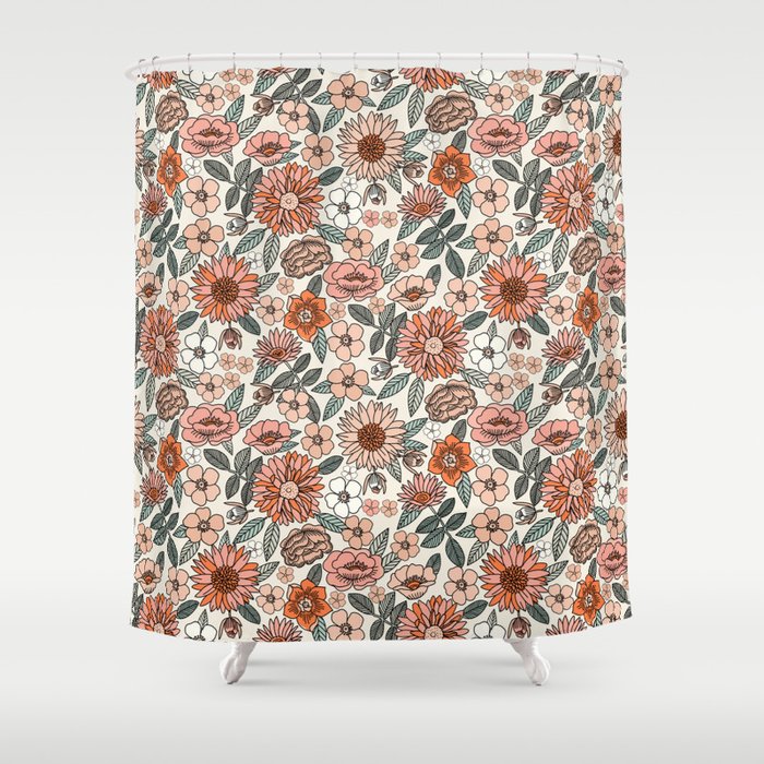 70s flowers - 70s, retro, spring, floral, florals, floral pattern, retro flowers, boho, hippie, earthy, muted Shower Curtain Gallery Image 1