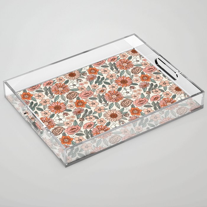70s flowers - 70s, retro, spring, floral, florals, floral pattern, retro flowers, boho, hippie, earthy, muted Acrylic Tray Gallery Image 1