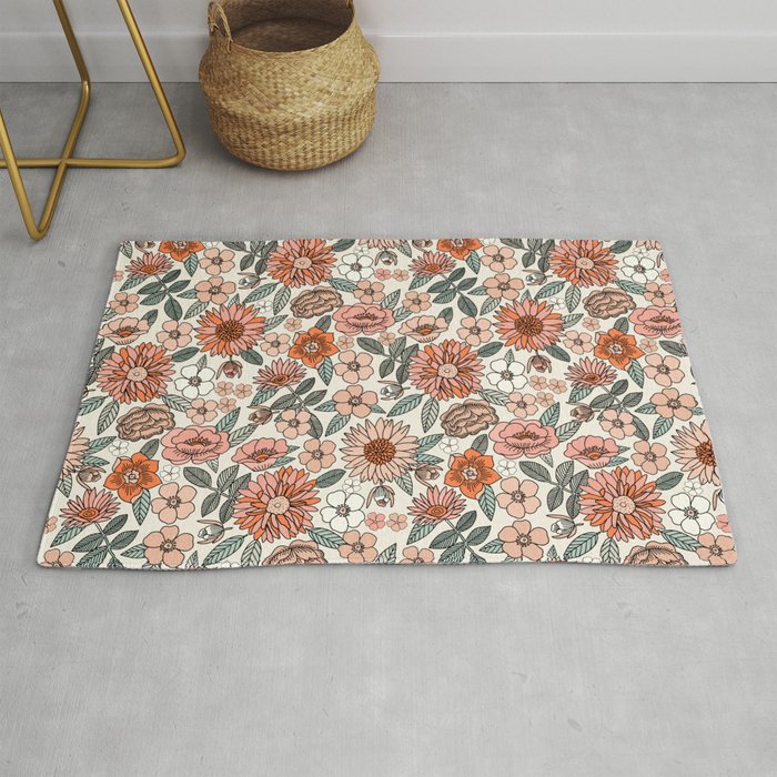 70s flowers - 70s, retro, spring, floral, florals, floral pattern, retro flowers, boho, hippie, earthy, muted Rug Gallery Image 1