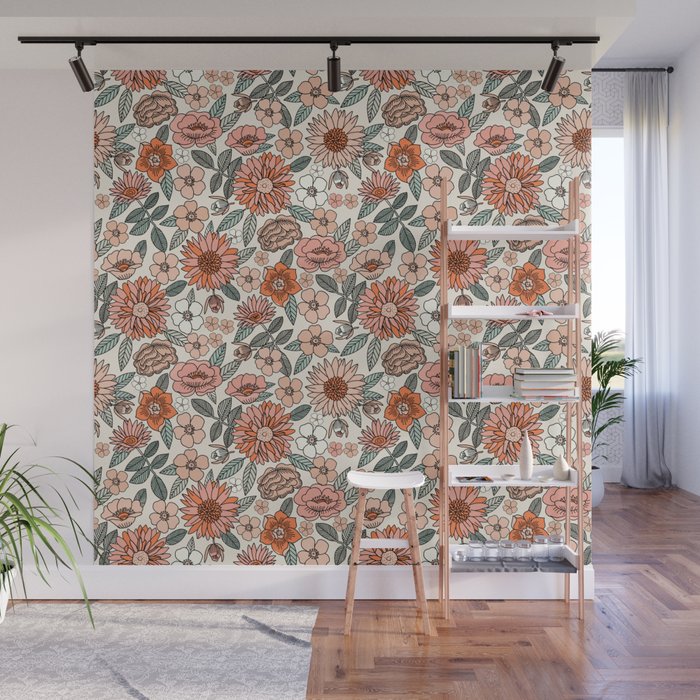 70s flowers - 70s, retro, spring, floral, florals, floral pattern, retro flowers, boho, hippie, earthy, muted Wall Mural Gallery Image 1