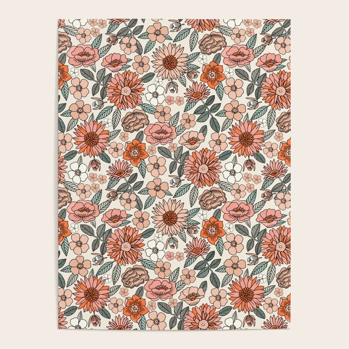 70s flowers - 70s, retro, spring, floral, florals, floral pattern, retro flowers, boho, hippie, earthy, muted Poster Gallery Image 1