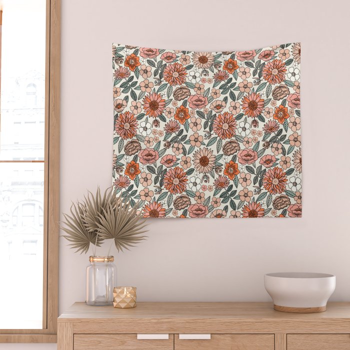 70s flowers - 70s, retro, spring, floral, florals, floral pattern, retro flowers, boho, hippie, earthy, muted Wall Tapestry Gallery Image 2