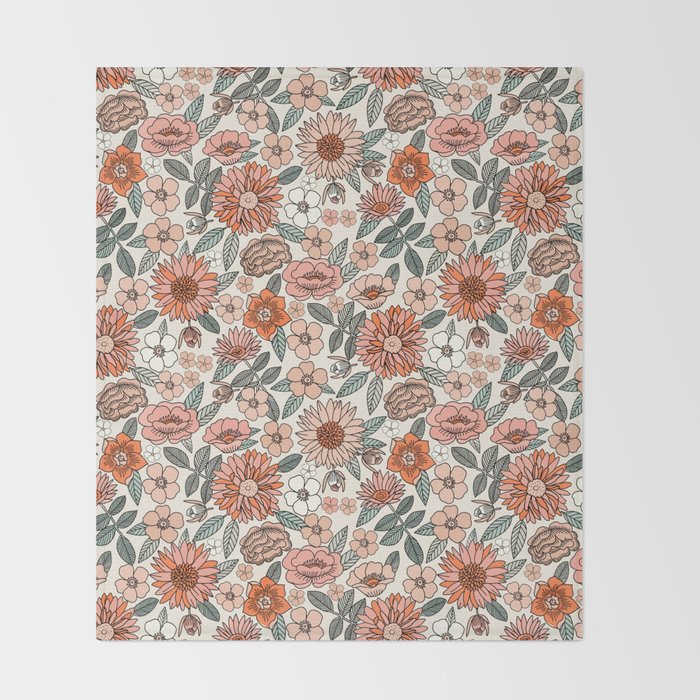 70s flowers - 70s, retro, spring, floral, florals, floral pattern, retro flowers, boho, hippie, earthy, muted Throw Blanket Gallery Image 2