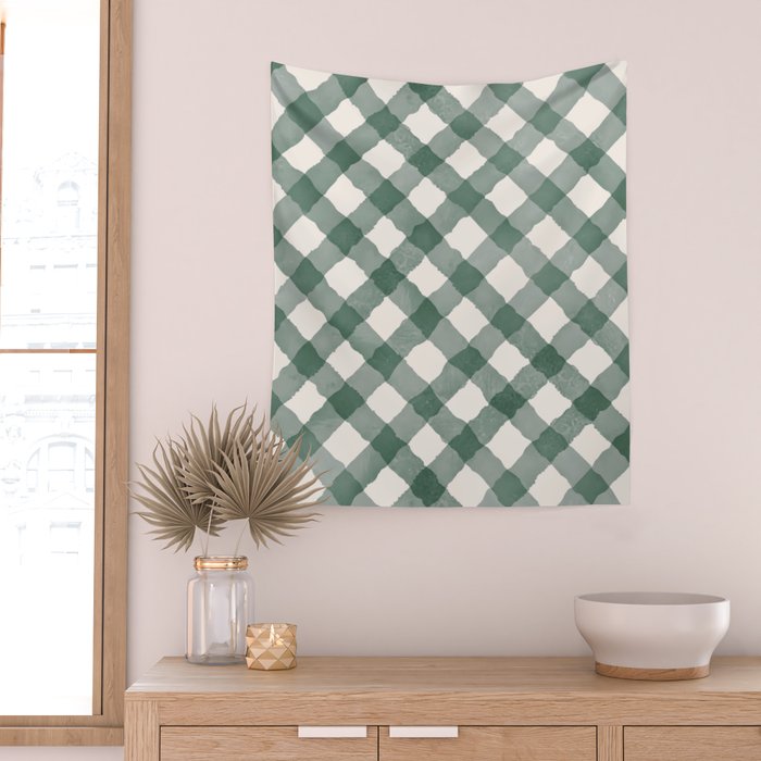 Hand Painted Dark Green Festive Gingham Theme Wall Tapestry Gallery Image 2