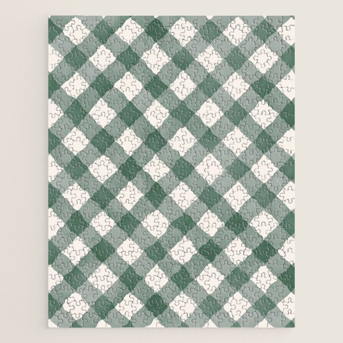 Hand Painted Dark Green Festive Gingham Theme Jigsaw Puzzle Gallery Image 1