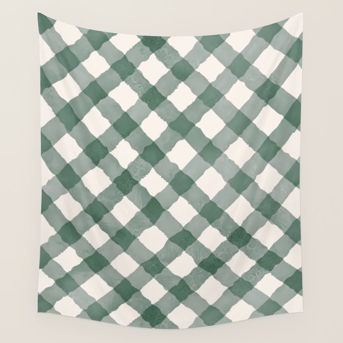 Hand Painted Dark Green Festive Gingham Theme Wall Tapestry Gallery Image 4