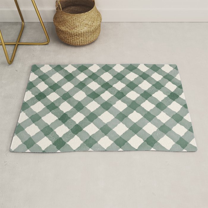 Hand Painted Dark Green Festive Gingham Theme Rug Gallery Image 1
