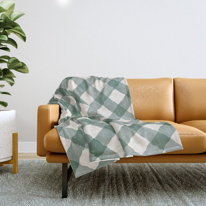 Hand Painted Dark Green Festive Gingham Theme Throw Blanket Gallery Image 1