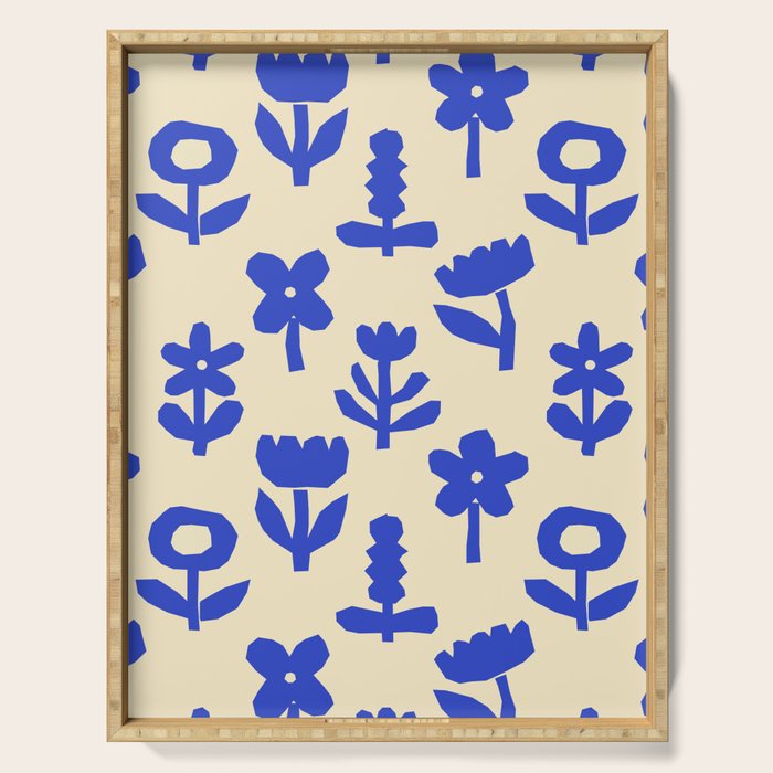 Abstract blue flower collage art pattern Serving Tray Gallery Image 1